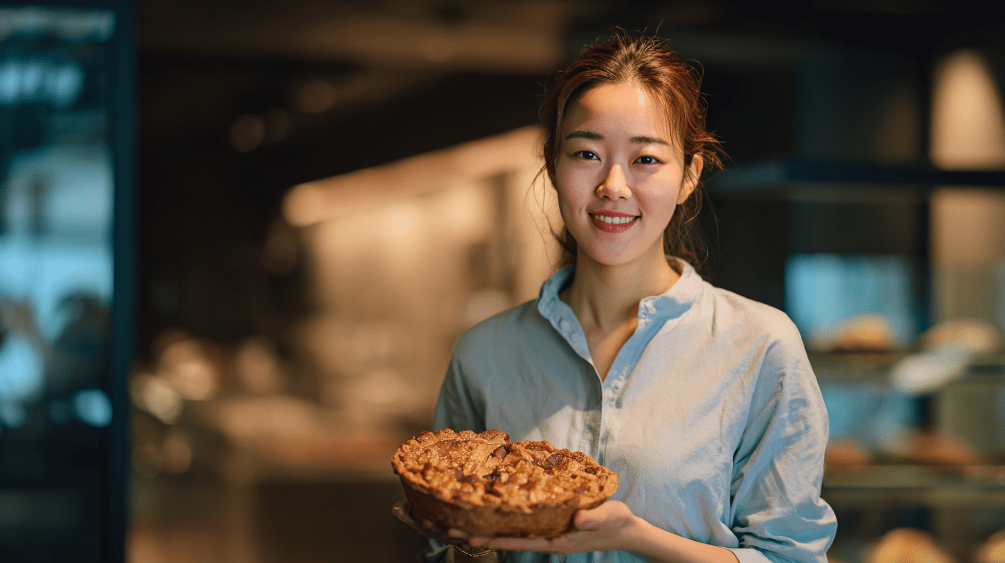 파이를 들고 있는 베이커리 창업자
