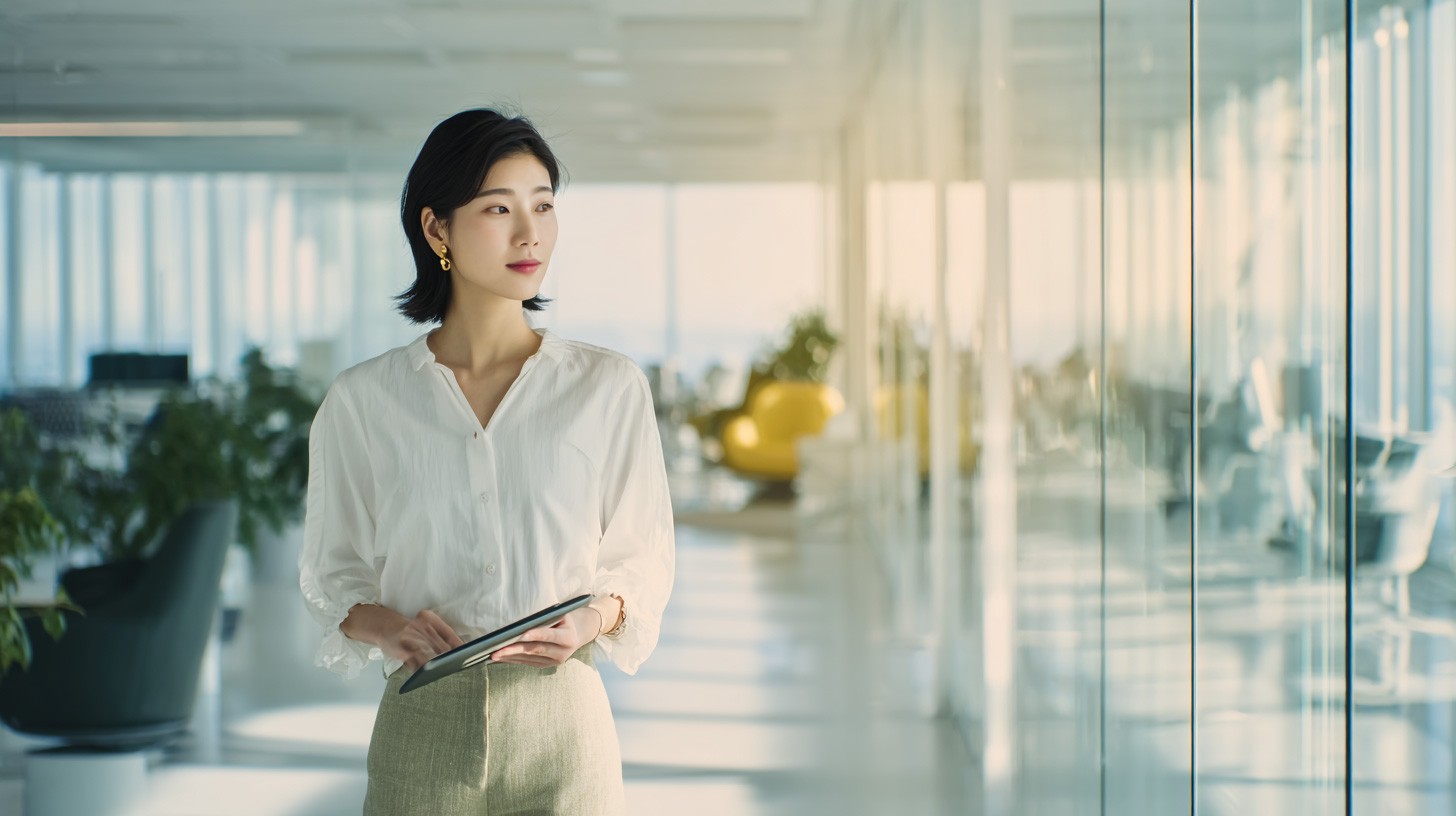 모던한 사무실 복도를 지나며 성공적인 프로젝트 수주를 준비하는 여성 비즈니스 전문가