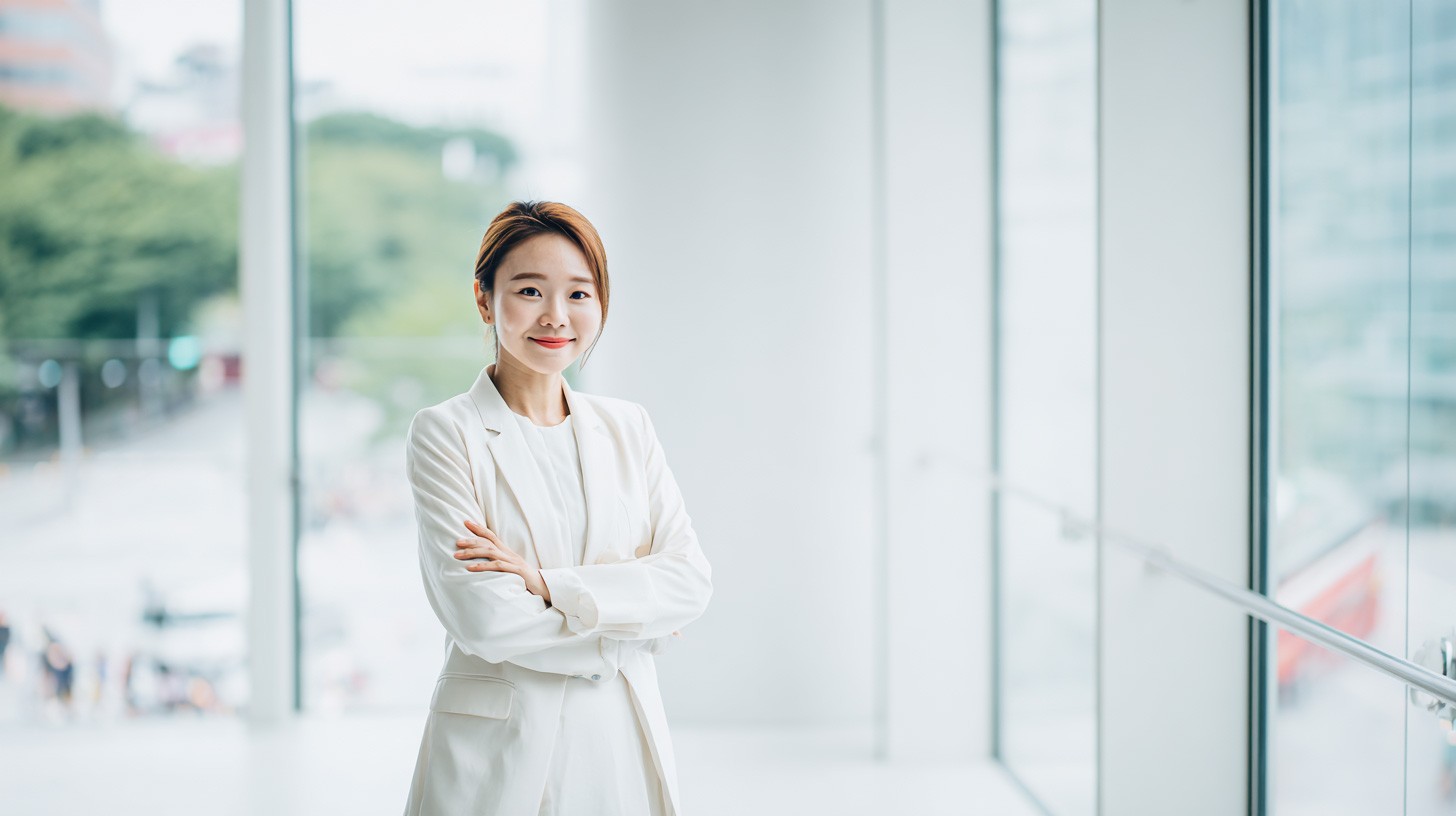 모던한 사무실 창가에 서서 자신감 있는 미소를 짓는 30대 한국인 여성 리더