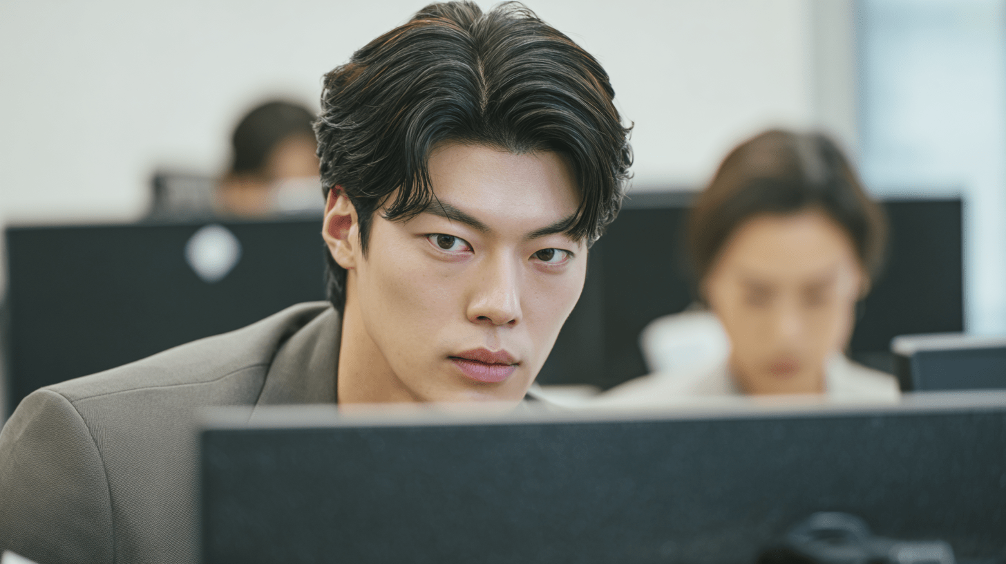 모니터를 응시하며 제안요청서의 배점 구조를 날카롭게 분석 중인 30대 남성 제안 전문가