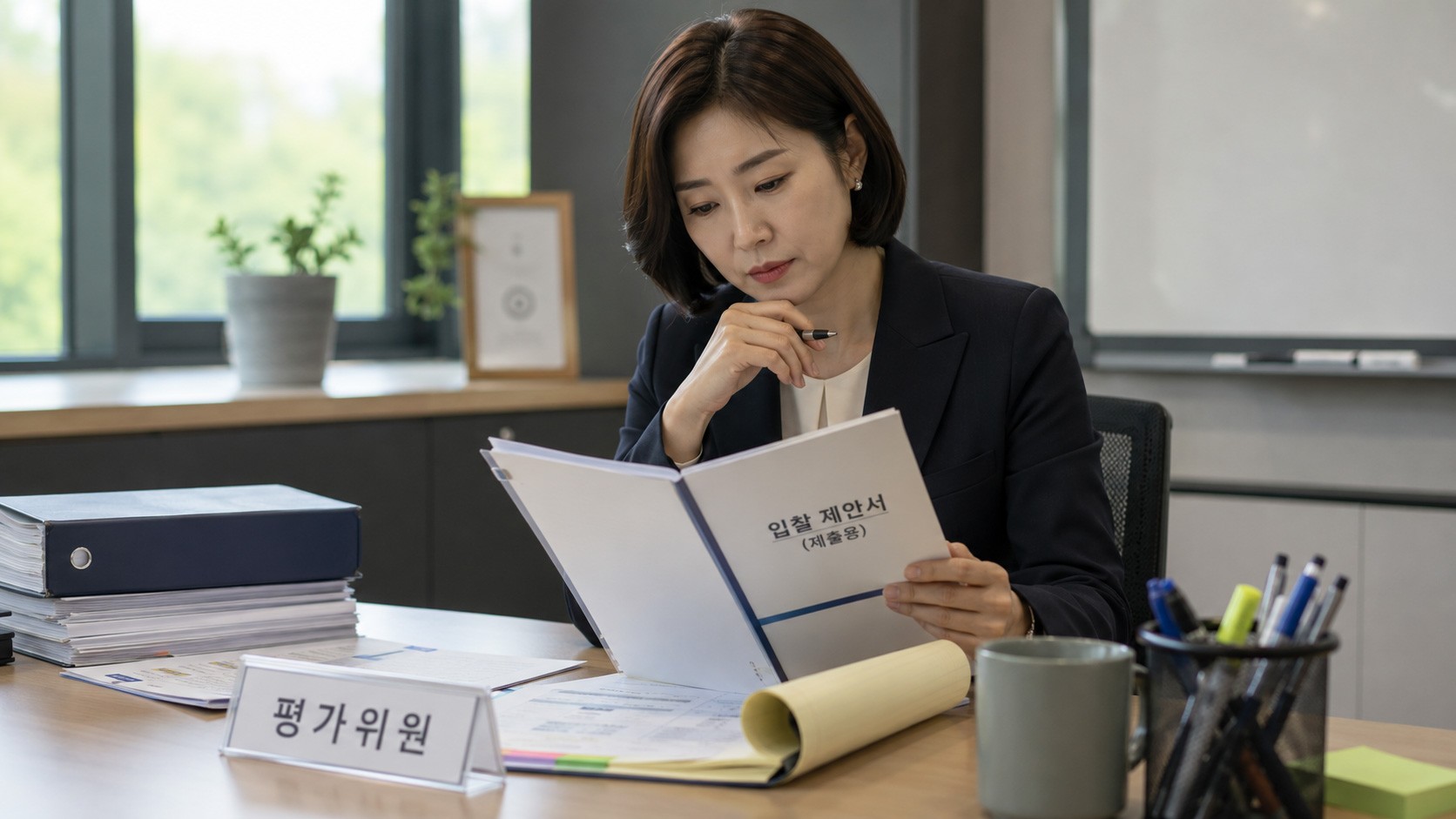 제안서를 읽으며 평가하는 공공기관 평가위원 모습