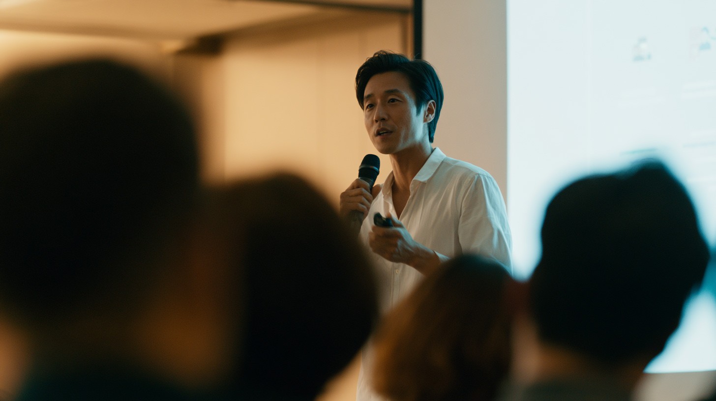 IR 피칭중인 남성 스타트업 창업자