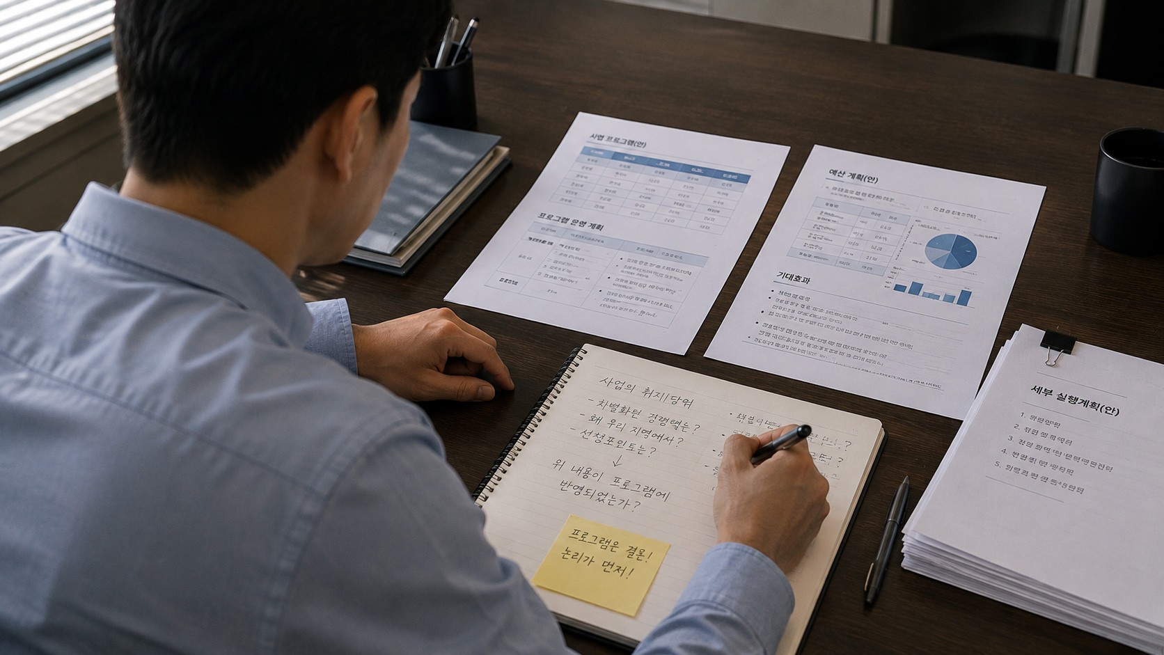 A project manager reviewing program plans and documents while developing the strategic logic behind a government project proposal.