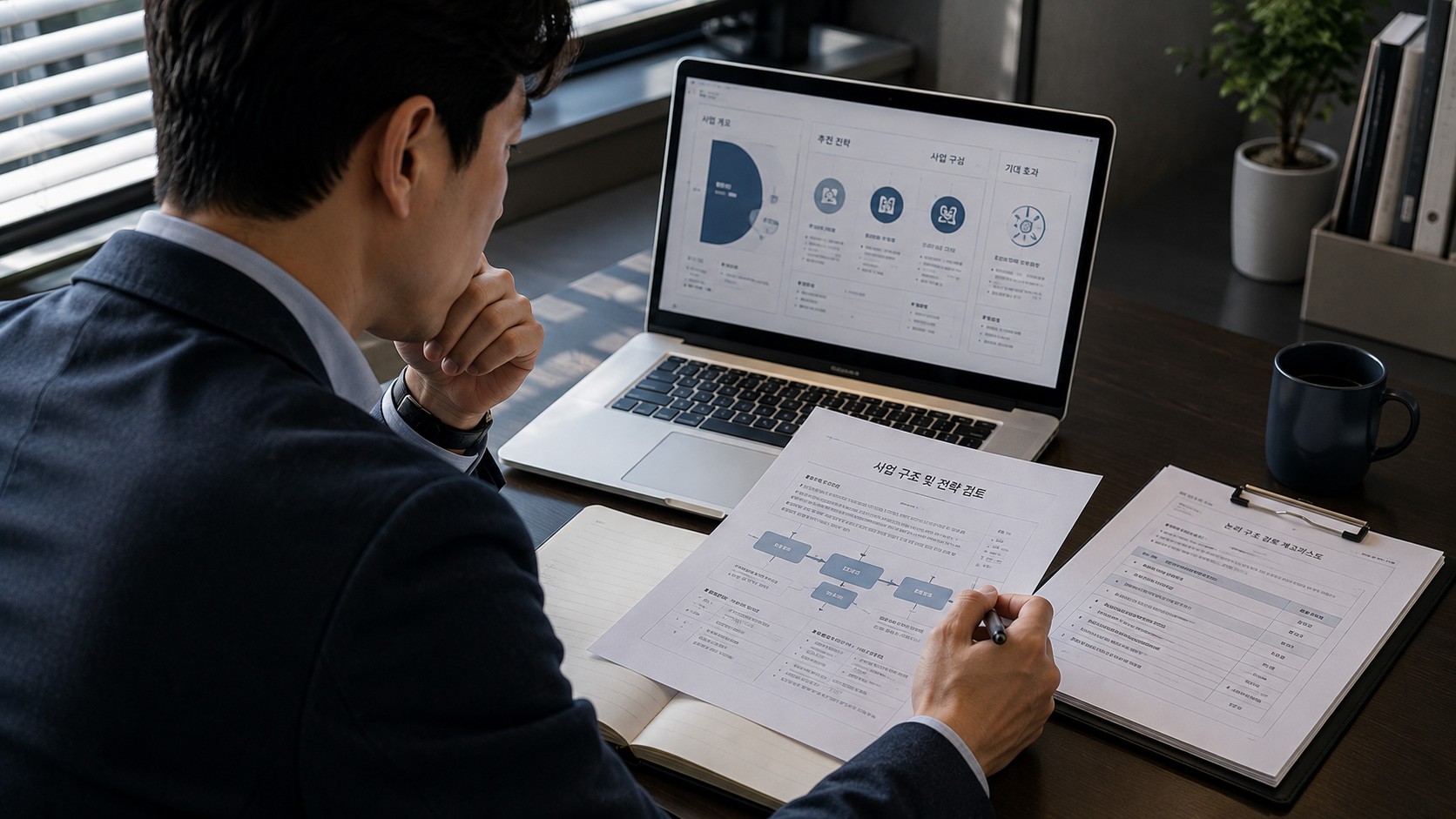 A proposal specialist reviewing presentation materials and strategic documents, highlighting the difference between proposal design and proposal strategy.