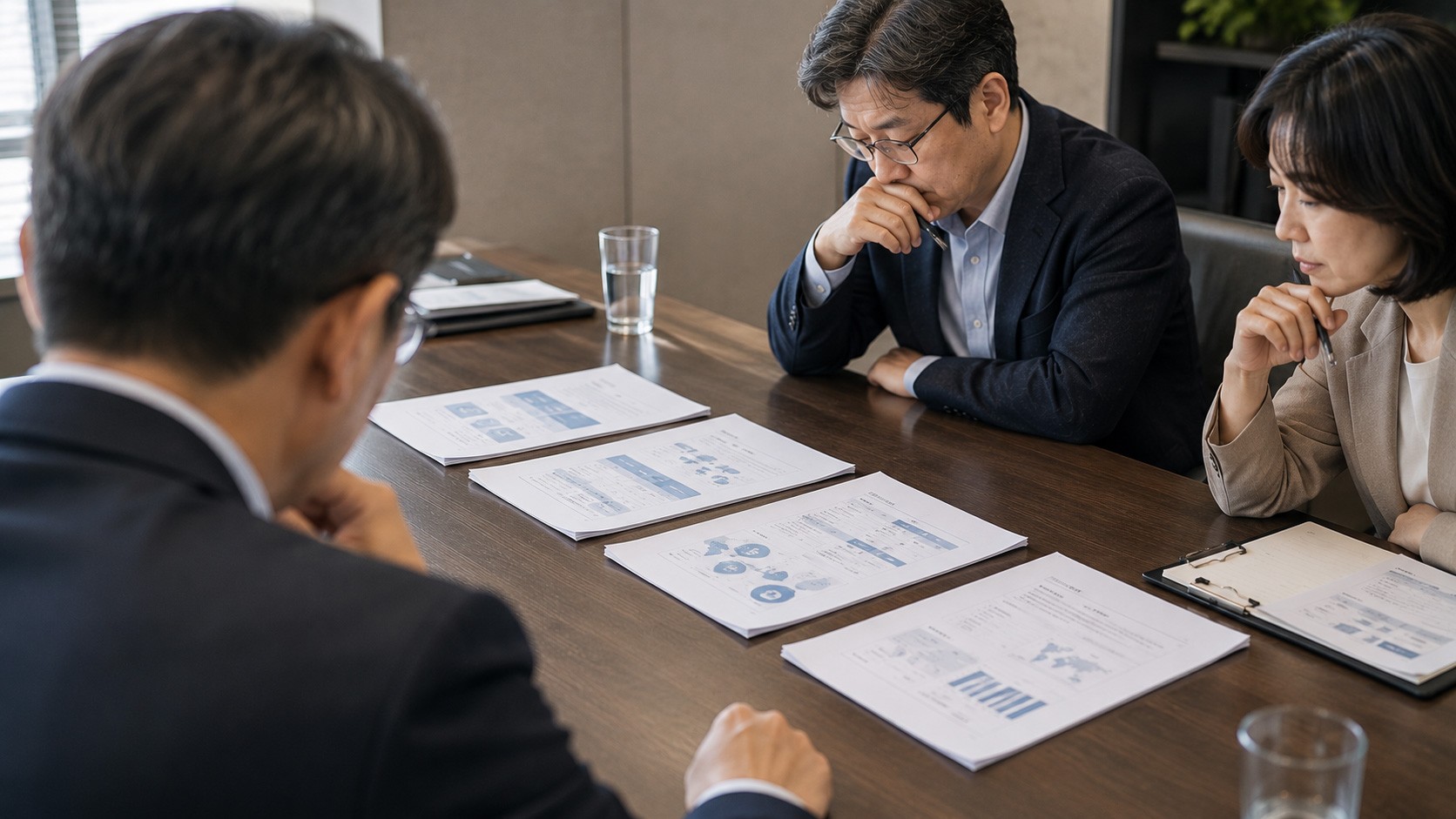Evaluation committee members comparing multiple project proposals during a competitive public sector proposal evaluation process.