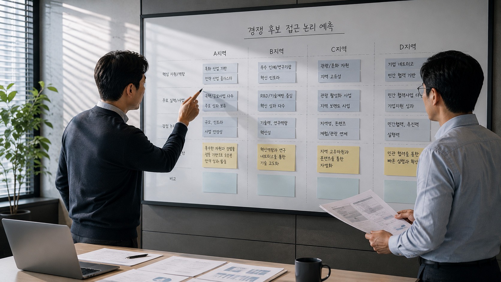 Strategy professionals analyzing competing regions and organizations to develop differentiated positioning for a public sector project proposal.